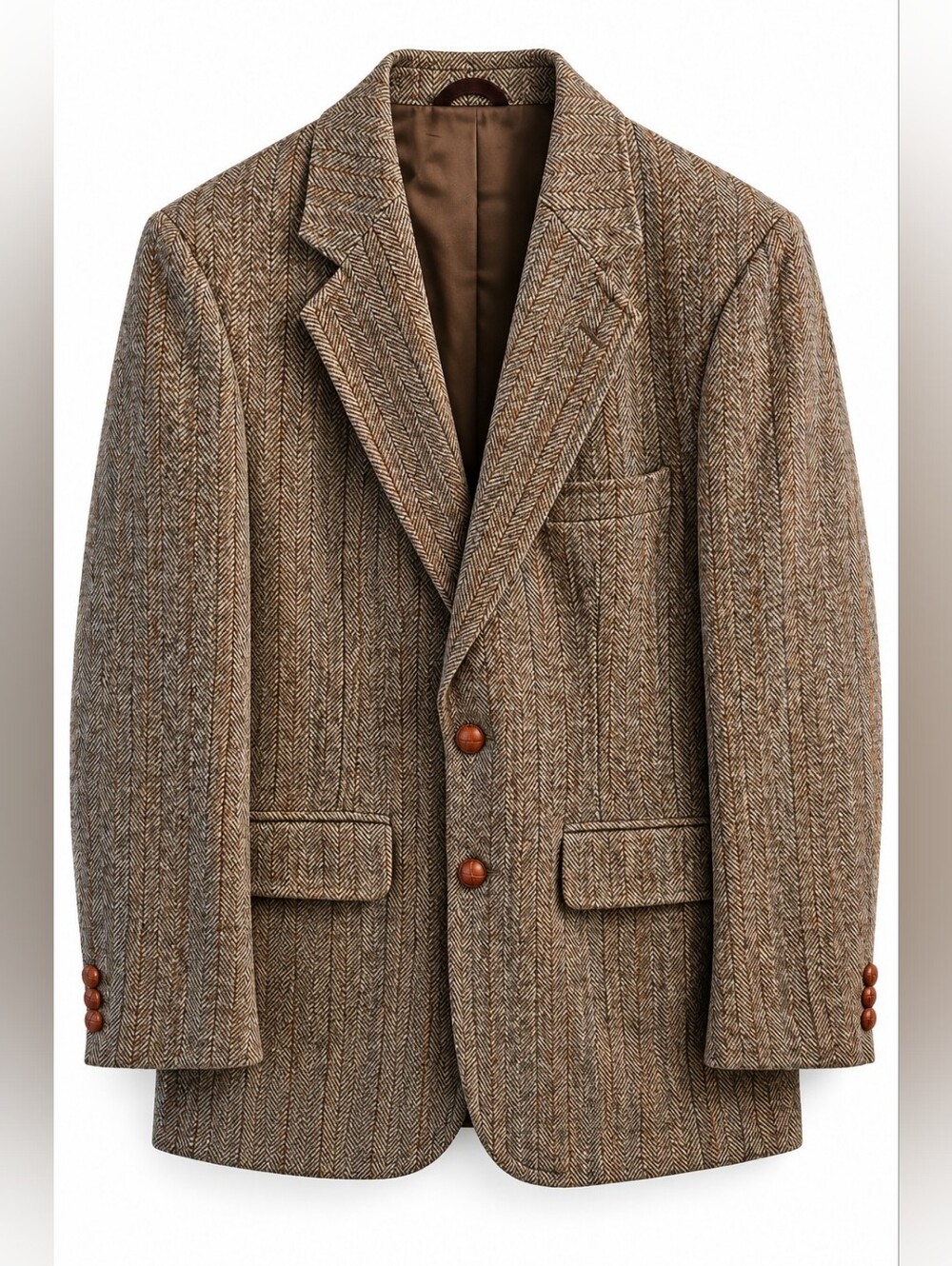 Vintage 100% Wool Herringbone Blazer Leather Buttons, M 38, Tailored, Equestrian